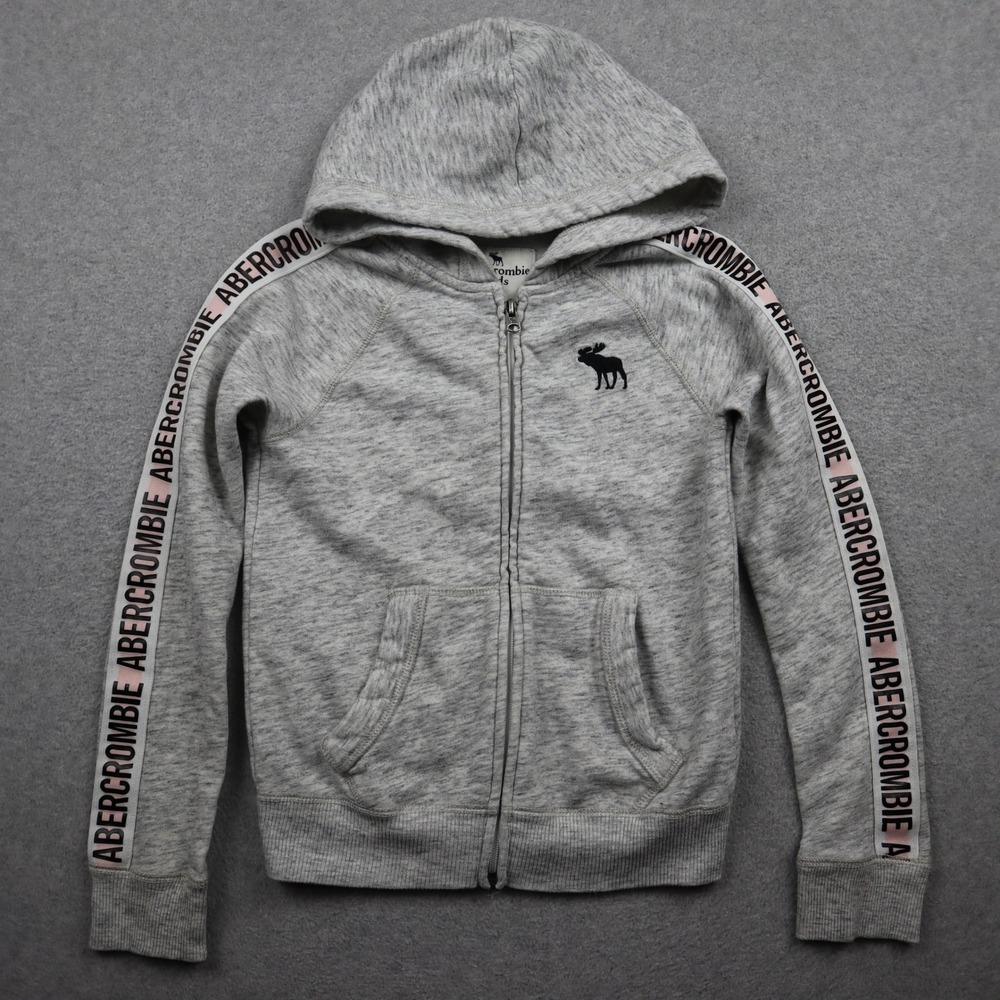 Abercrombie Kids Hoodie Girls 7/8 Gray Logo Tape Full-Zip Up Heathered Sporty